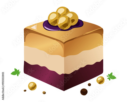 Layered cake square with berry jam and hazelnut topping for coffee shop dessert menu graphic design - Vector Illustration