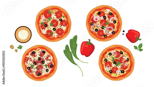 Overhead view of four delicious pizzas with various toppings like tomatoes olives and mushrooms alongside fresh peppers and herbs.