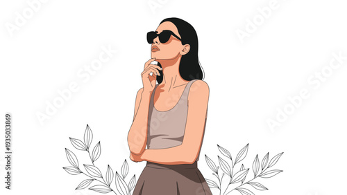 Elegant woman with long black hair and sunglasses posing thoughtfully against a white background with subtle leafy accents.