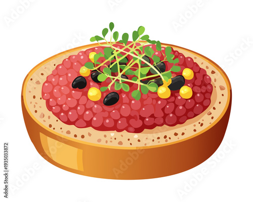 Savory tartlet topped with red caviar fresh microgreens and balsamic pearls for gourmet appetizer menu design - Vector Illustration