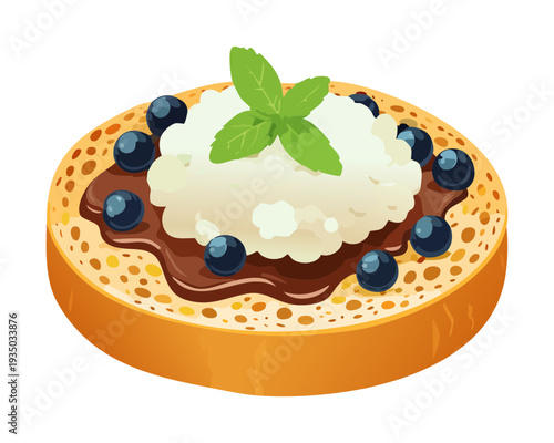 Round toast topped with blueberry jam fresh cream and mint leaf for healthy morning breakfast snack - Vector Illustration
