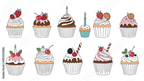 Large assortment of gourmet cupcakes with different frosting styles and toppings like berries cookies and birthday candles.