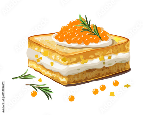 Round pesto toast with whipped cheese and basil garnish for healthy vegetarian snack or party appetizer - Vector Illustration