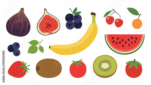 Assortment of fresh and colorful fruits including banana watermelon kiwi and berries for healthy lifestyle concepts.
