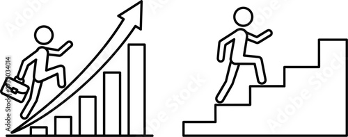 Career growth and business success icons set climbing stairs and rising chart vector illustration concept