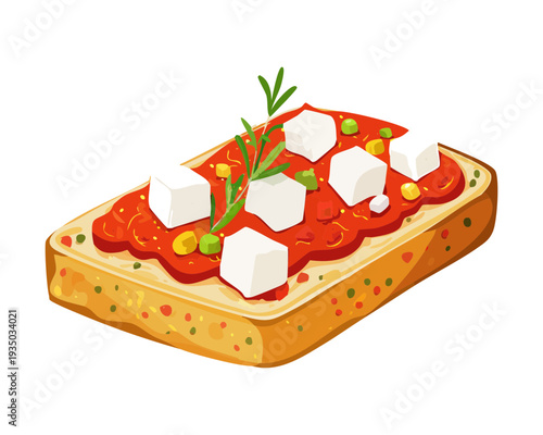 Savory toast with octopus slices and cherry tomatoes for exotic seafood appetizer restaurant menu graphic design - Vector Illustration
