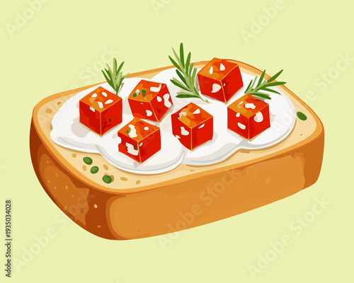 Elegant seafood toast with octopus and purple onion for premium bistro appetizer or tapas menu item - Vector Illustration