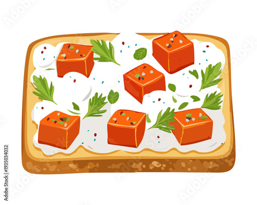 Toasted baguette with octopus topping and green herbs for mediterranean style seafood snack menu presentation design - Vector Illustration