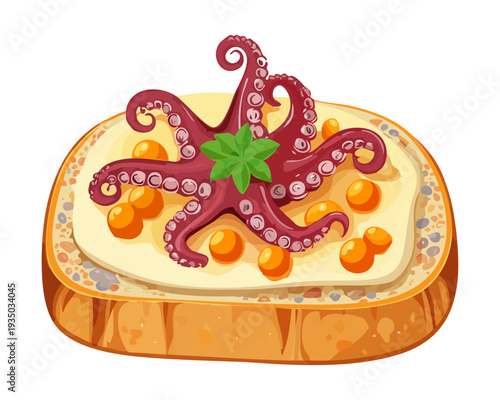 Luxury toast with octopus slices and golden caviar for premium seafood appetizer restaurant menu graphic design - Vector Illustration