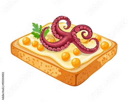 Tapas toast with octopus and yellow berries for unique fusion seafood appetizer cafe menu presentation design - Vector Illustration