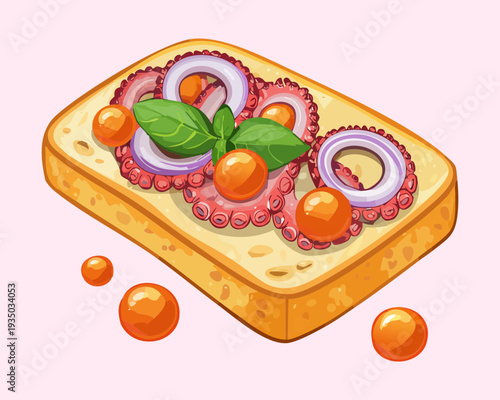 Crusty bread slice with octopus and tomato garnish for traditional spanish tapas appetizer menu graphic design - Vector Illustration