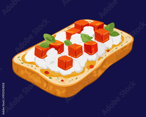 Seafood appetizer toast with octopus and olive oil for upscale restaurant starter menu graphic design item - Vector Illustration