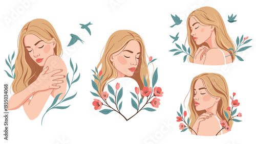 Set of illustrations featuring a beautiful blonde woman in various gentle poses surrounded by flowers and birds.