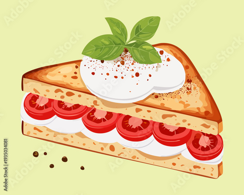 Square layered sandwich with tomato and cream for fresh deli shop breakfast or lunch menu graphic - Vector Illustration