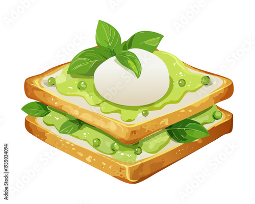 Layered avocado and cream sandwich for nutritious vegetarian breakfast or healthy snack menu graphic design item - Vector Illustration