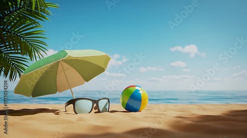 Tropical beach scene with sunglasses and beach ball under a palm tree