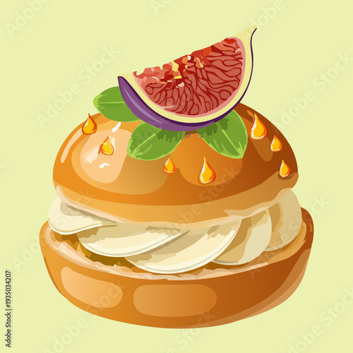 Semla bun with purple fig and whipped cream for sophisticated artisanal bakery dessert shop menu display - Vector Illustration