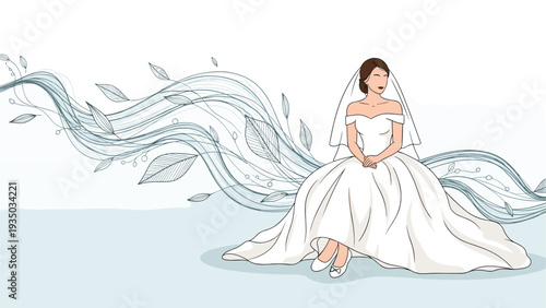 Beautiful bride in a white wedding gown sitting gracefully against a dynamic abstract background of swirling leaves.