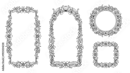 Collection of ornate vintage floral frames in rectangular arched circular and square shapes for elegant invitations.