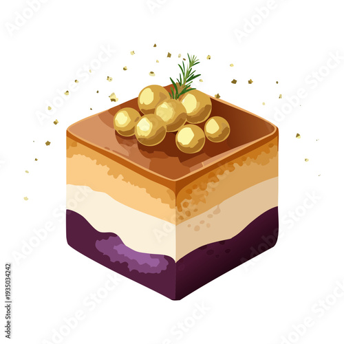 Chocolate sponge cake with cream and golden pearls for luxury celebration dessert menu graphic design item - Vector Illustration