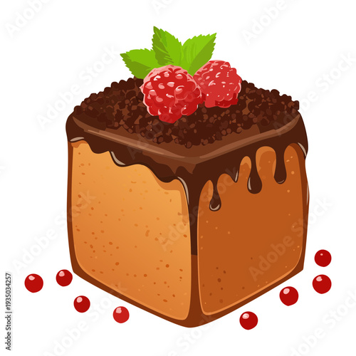 Dark chocolate cake with berry glaze and pearls for sophisticated artisanal bakery dessert shop menu display - Vector Illustration