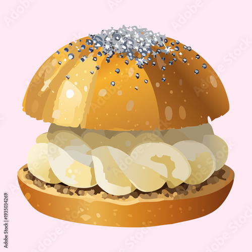 Traditional semla bun with whipped cream and sugar dusting for classic nordic bakery dessert menu item - Vector Illustration