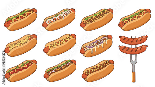 Large variety of hot dogs with different toppings like mustard onions and ketchup alongside grilled sausages.