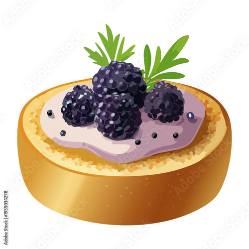 Sweet tartlet with blackberry and purple cream for elegant bakery dessert shop window display menu item - Vector Illustration