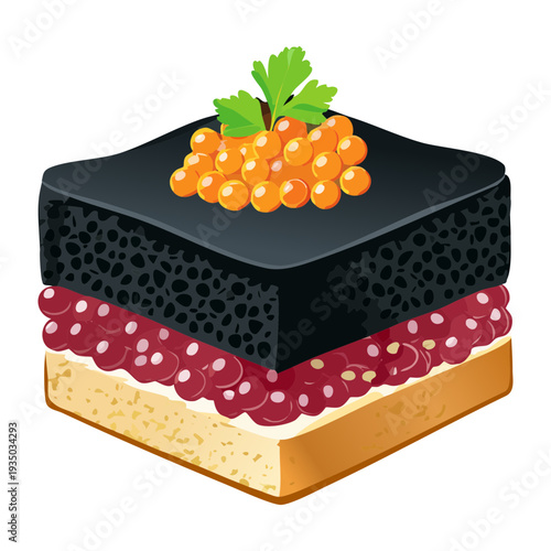 Sophisticated black layer cake with dark chocolate and red fruit filling topped with orange caviar for unique fusion dessert - Vector Illustration