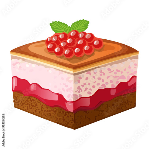 Elegant square mousse dessert with pink cream layers and fresh red currants garnish for high end pastry shop display - Vector Illustration