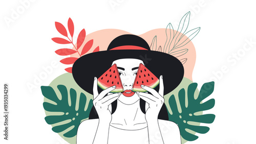 Stylized illustration of a woman wearing a black sun hat and holding two slices of watermelon over her eyes among tropical leaves.