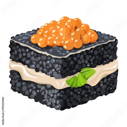 Square black charcoal sandwich with creamy white filling and orange fish roe for modern upscale catering and cocktail party - Vector Illustration