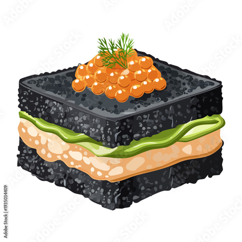 Gourmet black sandwich with green avocado layers and orange fish roe for healthy modern seafood appetizer and snacks idea - Vector Illustration