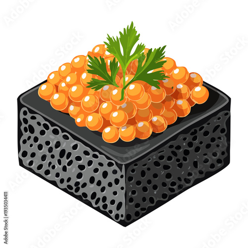 Modern black appetizer with white cream and orange caviar garnish for professional catering and elegant seafood party snacks platter - Vector Illustration