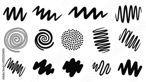 Large set of various black ink scribbles, spiral shapes, dots, and textured brush strokes for artistic design and creative elements.