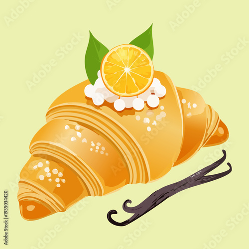 Golden butter croissant with white cream filling and fresh lemon slice garnish for gourmet breakfast and French bakery shop - Vector Illustration