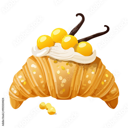Gourmet butter croissant with white whipped cream and sweet yellow fruit topping for elegant bakery and dessert shop display - Vector Illustration