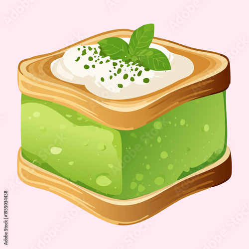 Elegant square cake with green pistachio cream and white topping for sophisticated dessert shop and gourmet bakery cafe menu - Vector Illustration