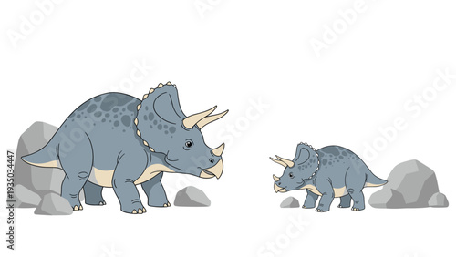 Large adult triceratops and a smaller juvenile dinosaur walking together near grey rocks in a prehistoric landscape setting.