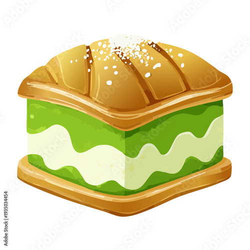 Layered square pastry with green kiwi cream and white whipped topping for refreshing summer dessert and bakery shop display - Vector Illustration