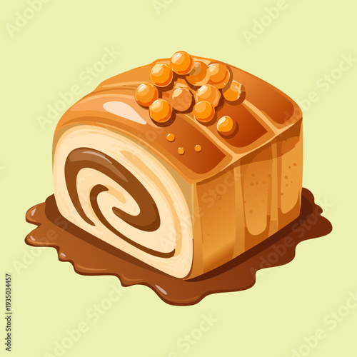 Rolled pastry with creamy filling and caramel drizzle on top for sweet bakery snack and traditional dessert menu ideas - Vector Illustration