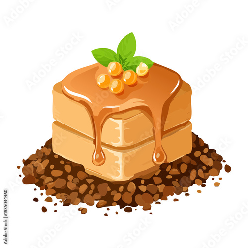Delicious square caramel cake with white cream and honey drizzle for sweet dessert and gourmet bakery cafe menu - Vector Illustration