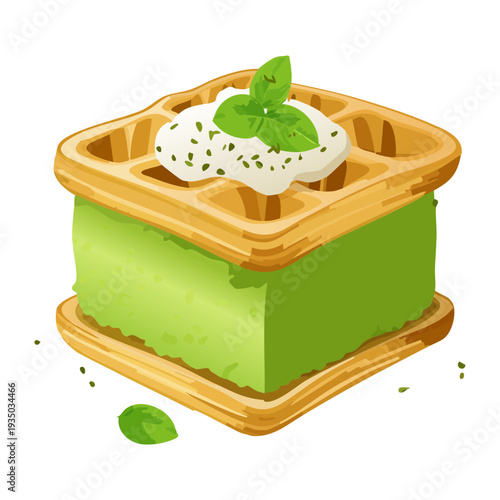 Square waffle with green matcha cream filling and white topping for modern brunch and creative dessert menu options - Vector Illustration