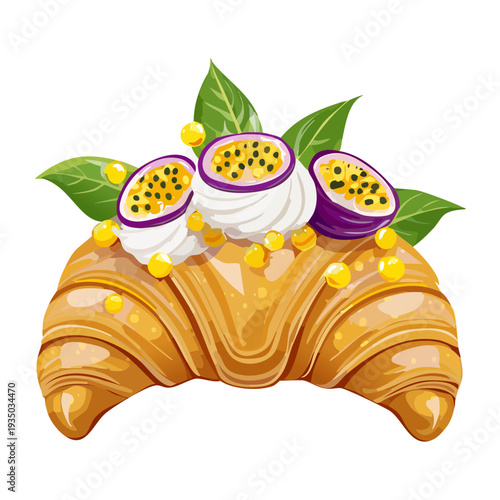 Gourmet croissant with white whipped cream and passion fruit slices for elegant morning breakfast and dessert shop display - Vector Illustration