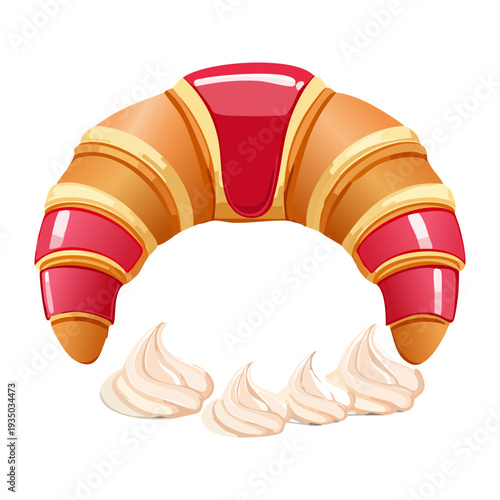 Golden croissant with red jam stripes and white cream for sweet morning breakfast and traditional French bakery shop menu - Vector Illustration