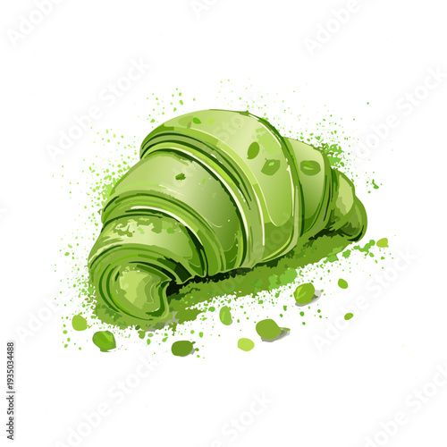Green matcha croissant with tea powder dusting for healthy Japanese fusion bakery and modern breakfast menu options - Vector Illustration