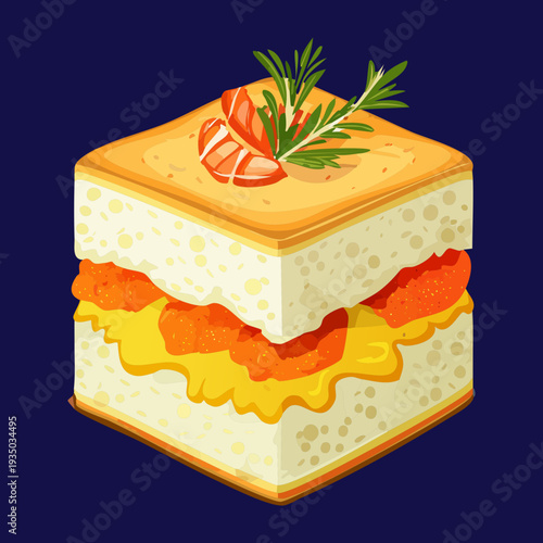 Layered square sandwich with fresh seafood and orange cream for gourmet appetizer and upscale catering snack platter - Vector Illustration