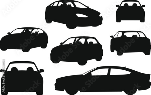 Collection of Modern Car Silhouettes Isolated on White Background, Sedan and Hatchback Vehicle Shapes, Automotive Transportation Graphic Design Vector Element Set