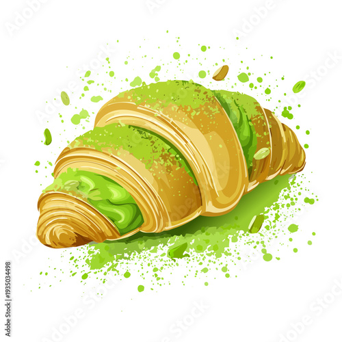 Healthy matcha green tea croissant with creamy filling for modern bakery and Japanese inspired breakfast menu ideas - Vector Illustration