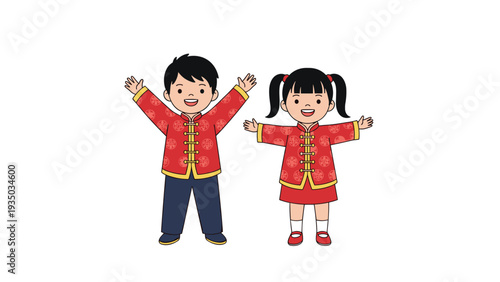 Happy young boy and girl wearing traditional red Chinese outfits with festive patterns celebrating with open arms and joyful smiles.